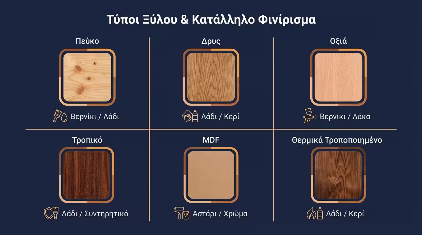 Ινφογκράφικ ειδών ξύλου: μαλακά, σκληρά, τροπικά, MDF, ρητινούχα