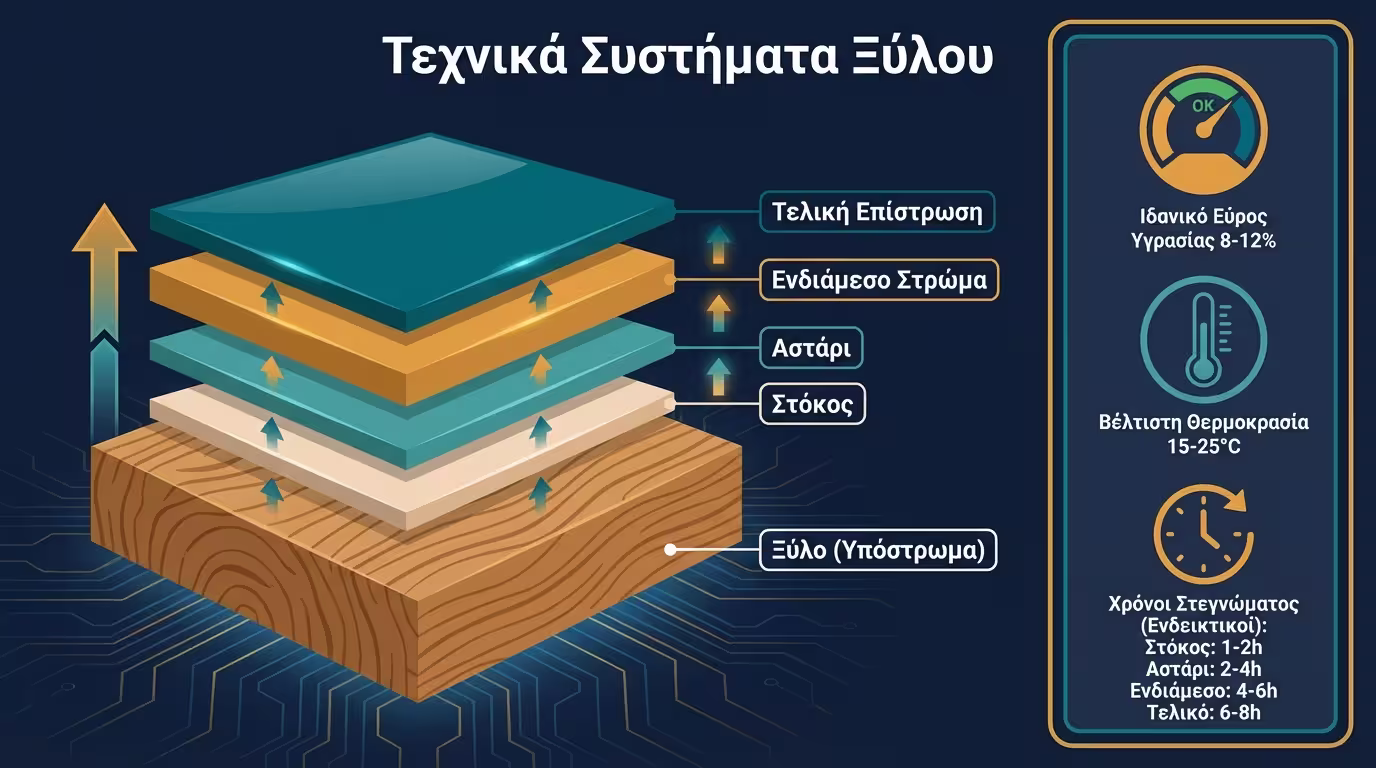 Ινφογκράφικ τεχνικών συστημάτων ξύλου: υγρασία, αστάρια, χρόνοι στεγνώματος