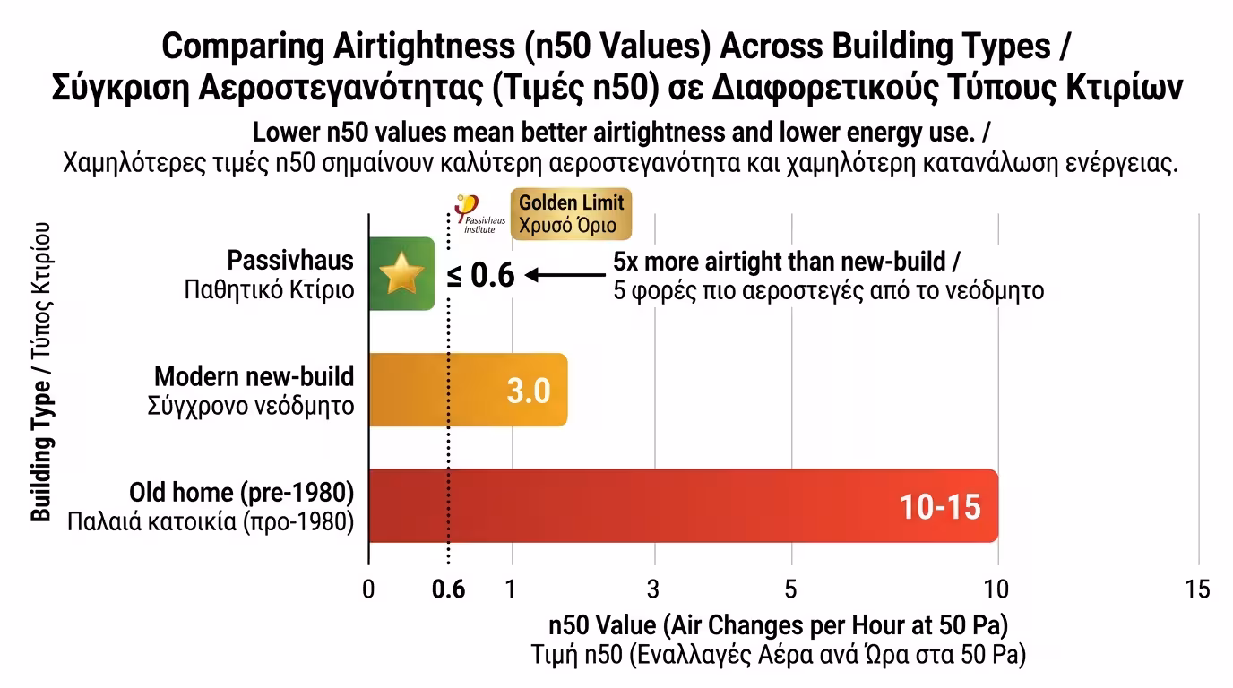 Σύγκριση n50: Παλιό 10-15, Νεόδμητο 3.0, Passivhaus ≤ 0.6