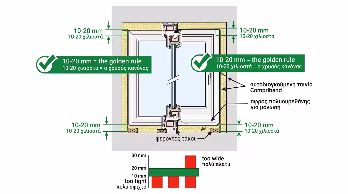 Χρυσός κανόνας αρμού 10-20mm γύρω από κάσα κουφώματος