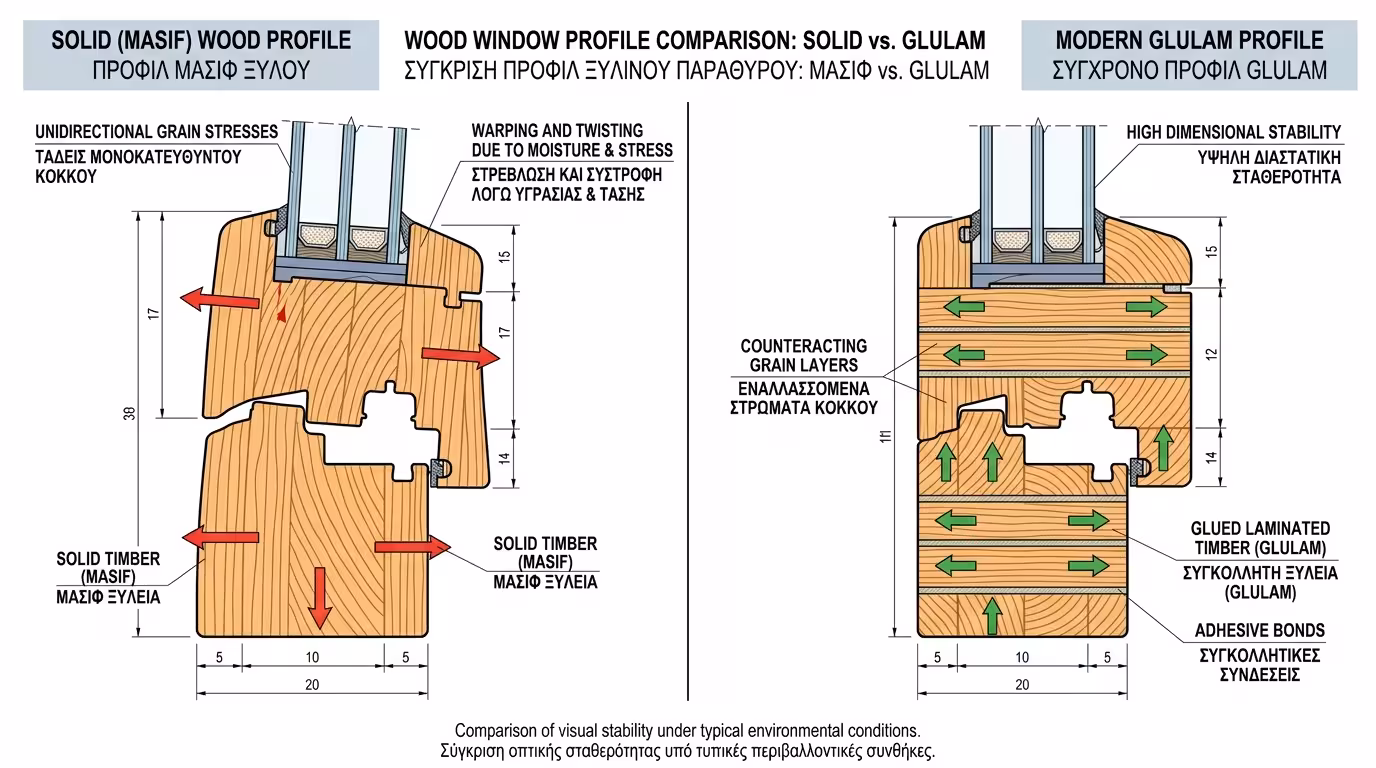 Μασίφ ξύλο vs πολυκολλητή ξυλεία - γιατί τα παλιά παράθυρα σκεβρώνανε