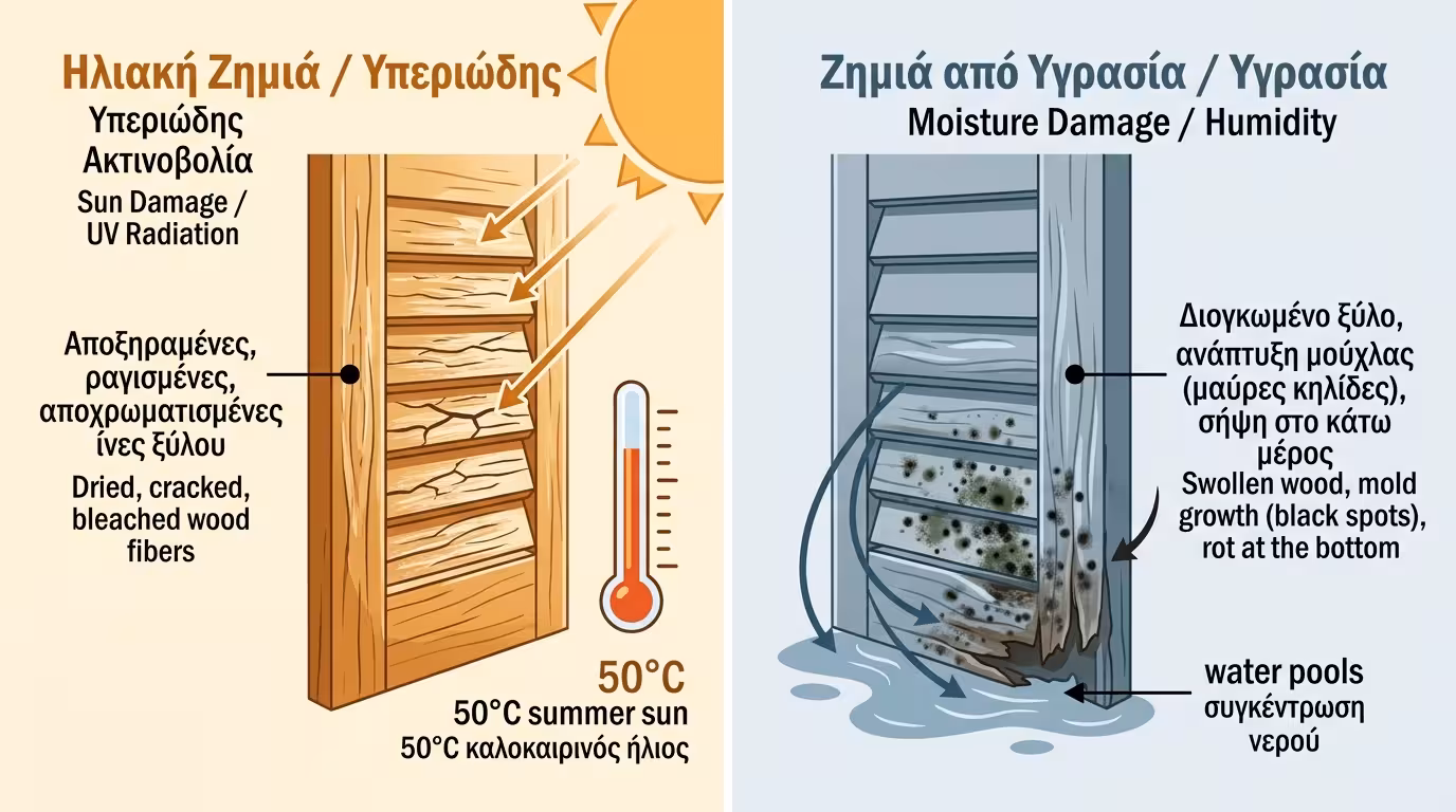 Φθορά ξύλινου παντζουριού - σάπισμα στο κάτω μέρος από υγρασία