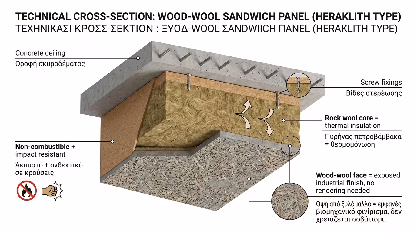Σάντουιτς ξυλόμαλλου - πυρήνας πετροβάμβακα, εμφανής τελική όψη