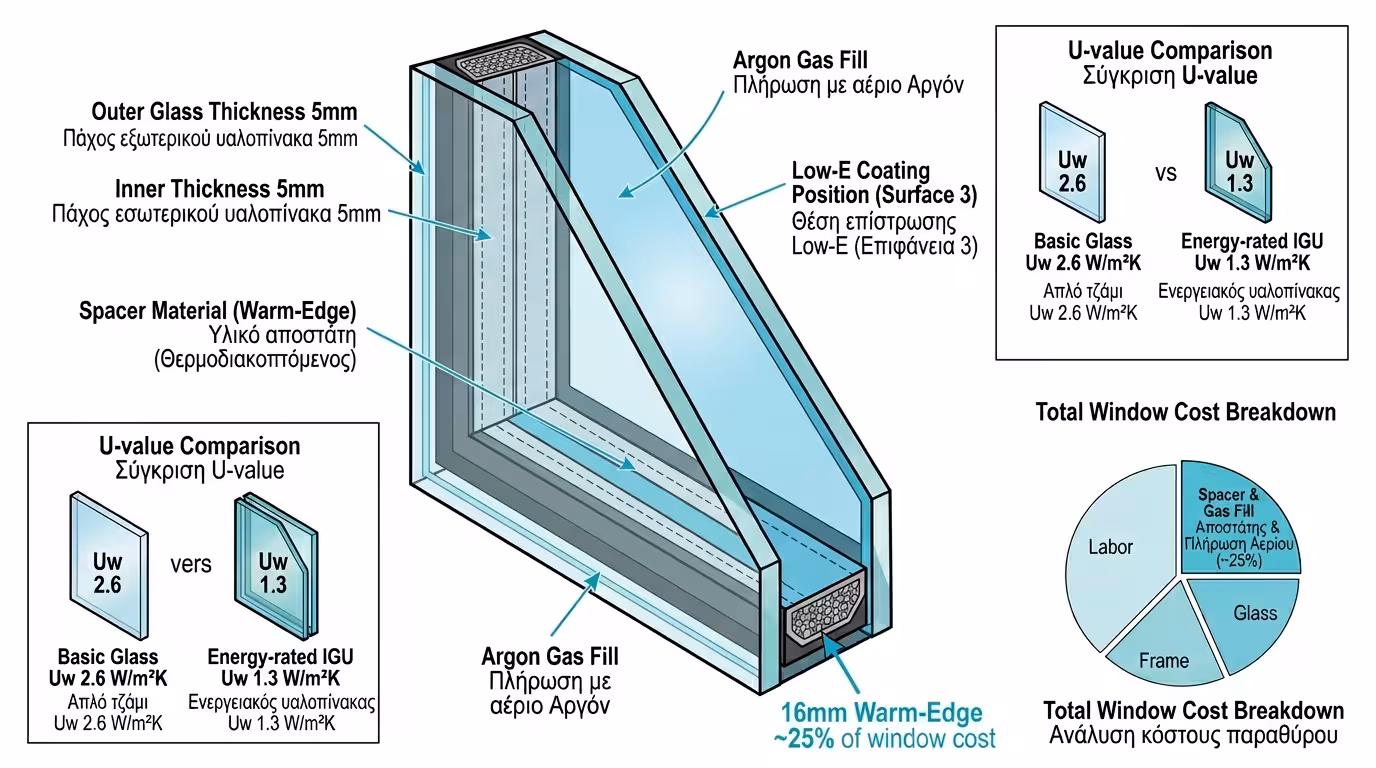 Ενεργειακό τζάμι Low-E με αέριο Argon - ~25% κόστους κουφώματος