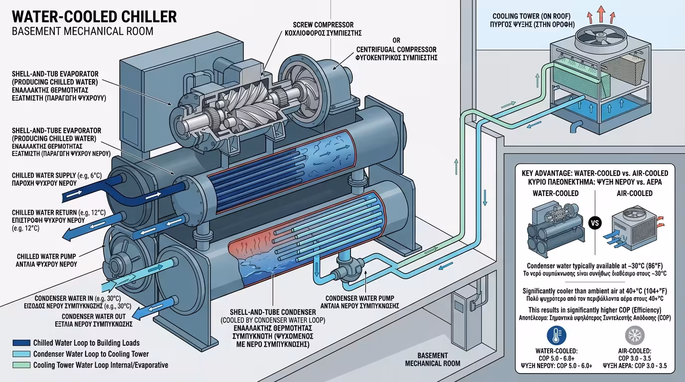 Υδρόψυκτος ψύκτης νερού σε υπόγειο μηχανοστάσιο - σύνδεση με πύργο ψύξης