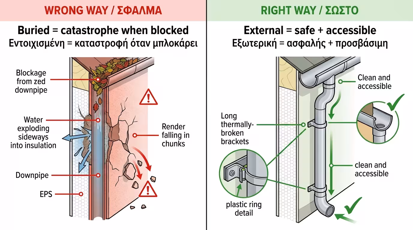 Υδρορροή θαμμένη στο EPS - κίνδυνος βουλώματος
