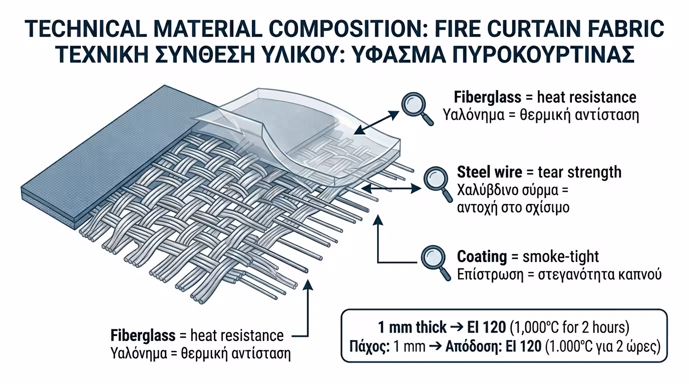 Πυράντοχο ύφασμα: υαλονήματα, ανοξείδωτα σύρματα, πυράντοχη επίστρωση