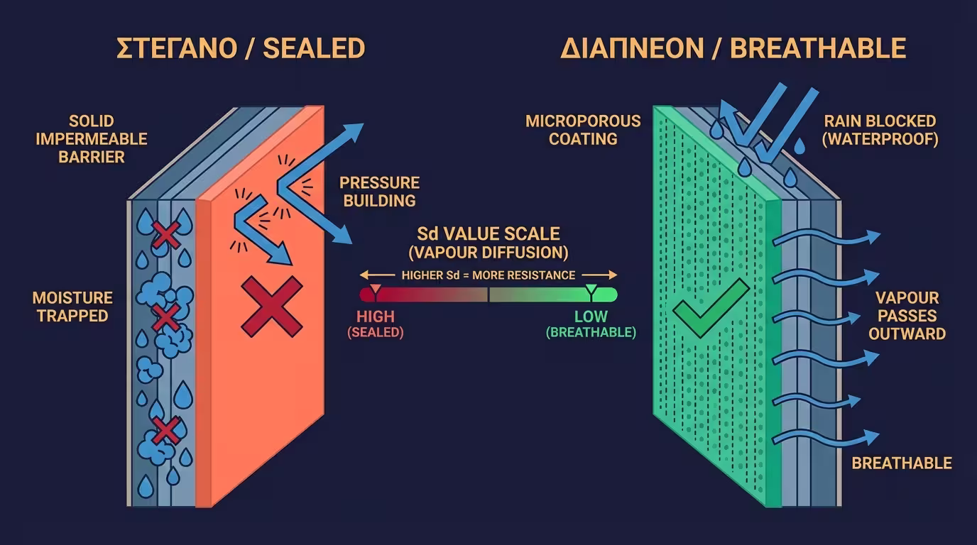 Σύγκριση: στεγανό σύστημα εγκλωβίζει υγρασία vs διαπνέον σύστημα αφήνει τον ατμό να φύγει