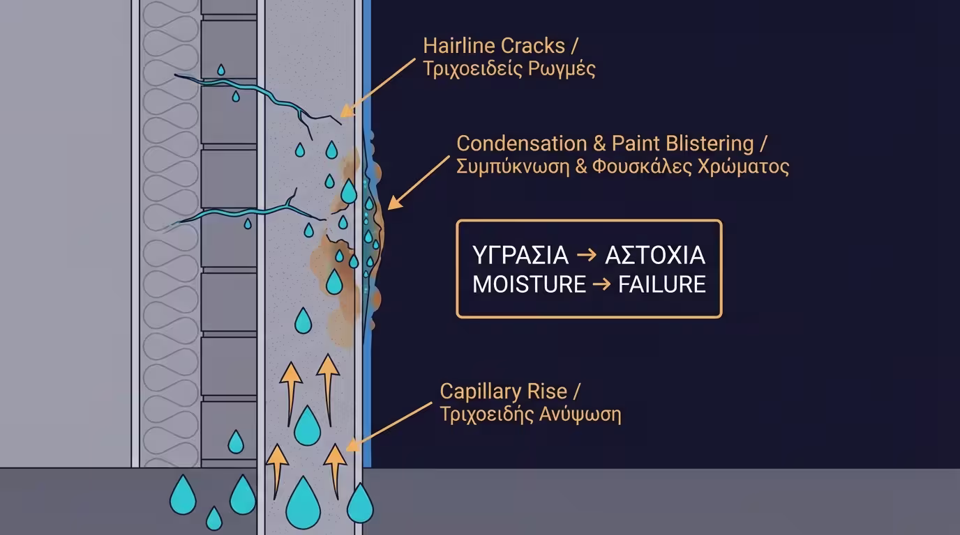 Τομή κτιρίου - κρυφές διαδρομές υγρασίας μέσα στον τοίχο που οδηγούν σε αστοχία βαφής