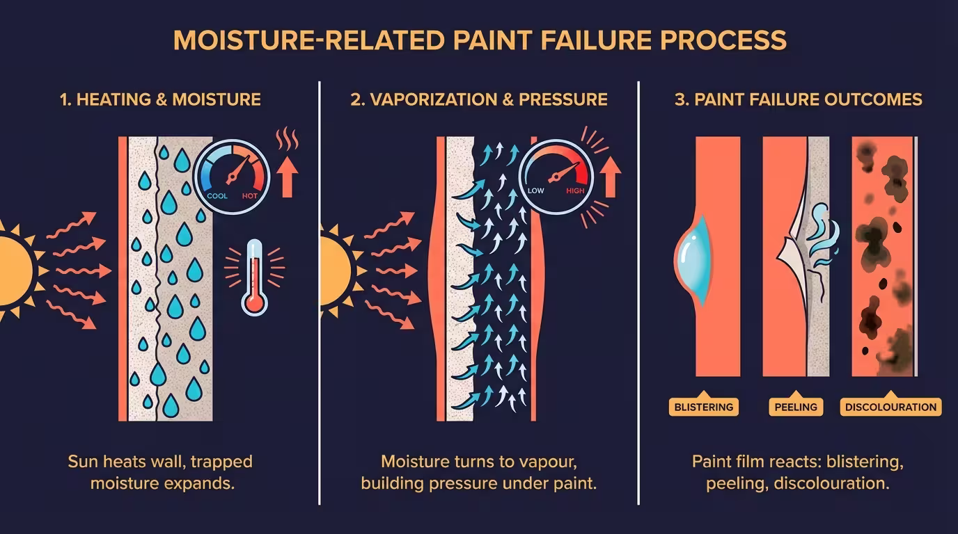 Τρία στάδια: υγρασία στον σοβά → θερμότητα μετατρέπει σε ατμό → φούσκωμα, αποκόλληση, ξεφλούδισμα