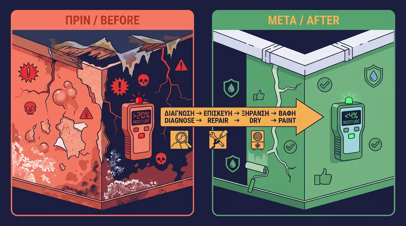 Πριν vs μετά: κατεστραμμένη επιφάνεια → σωστή σειρά εργασιών → υγιής βαφή