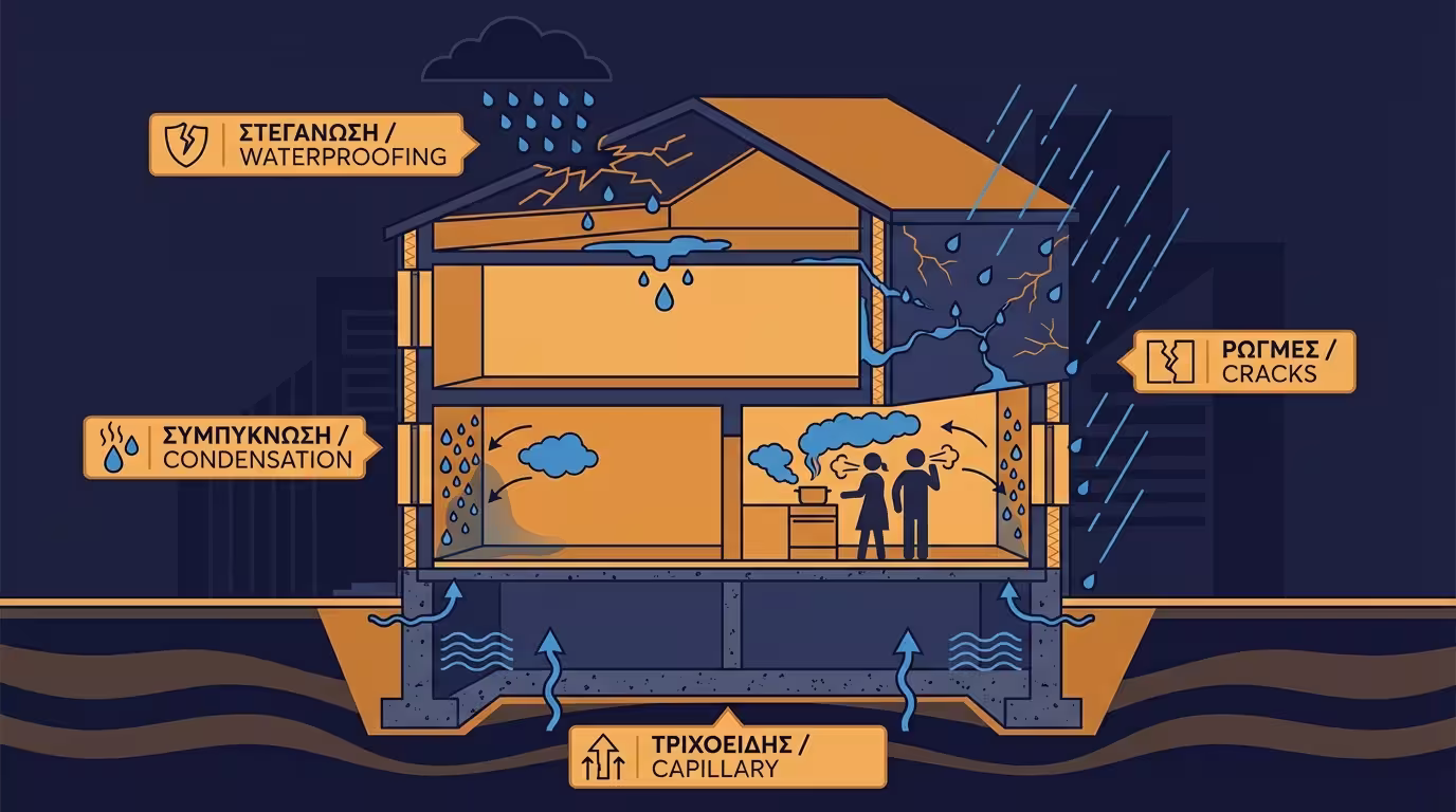 Τομή κτιρίου - τέσσερις πηγές υγρασίας: τριχοειδής, στεγάνωση, ρωγμές, συμπύκνωση