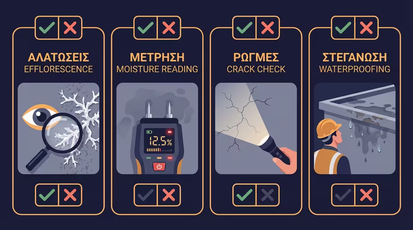 Τέσσερα βήματα ελέγχου: αλατώσεις, υγρασιόμετρο, ρωγμές, στεγάνωση