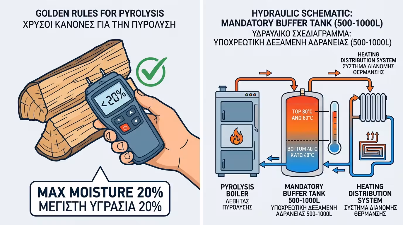 Υγρασία ξύλου κάτω από 20%, buffer tank υποχρεωτικό