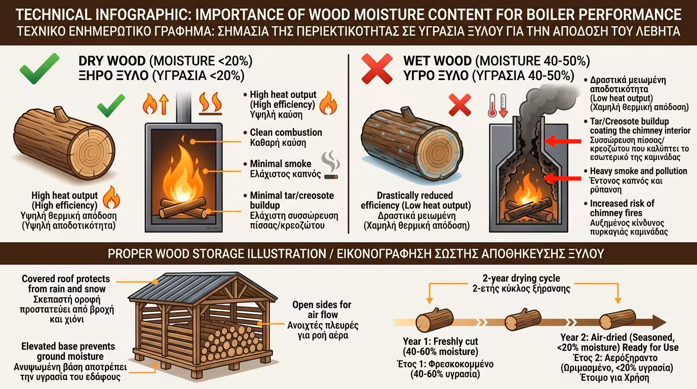 Υγρασία ξύλου, πίσσα κρεόσωτο στον λέβητα, αποθήκη καυσόξυλων