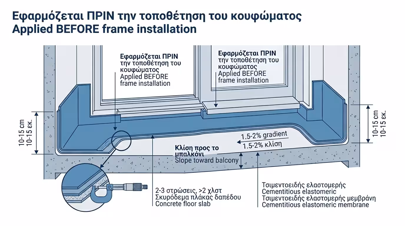 Υγρή στεγανωτική μεμβράνη πάνω στο τσιμεντένιο δάπεδο κάτω από κατώφλι μπαλκονόπορτας