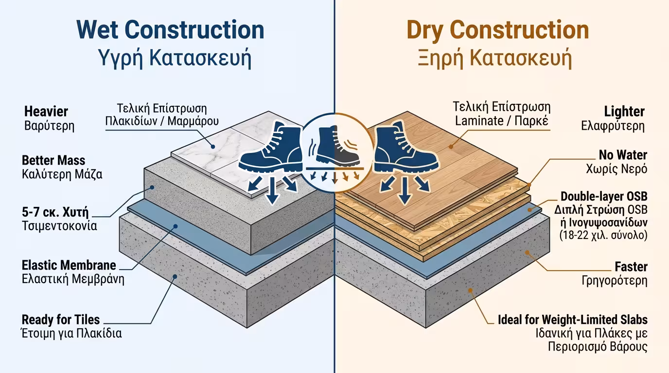 Υγρή δόμηση (τσιμεντοκονία) vs Ξηρή δόμηση (OSB) πάνω σε αντικραδασμικό