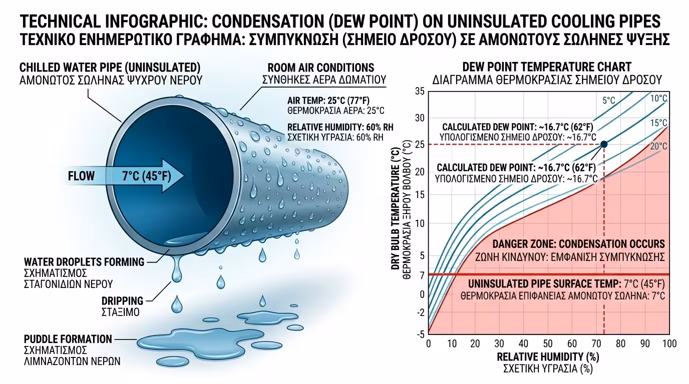Υγροποίηση σε σωλήνα ψύξης χωρίς μόνωση - σταγόνες νερού, μούχλα, ζημιά γυψοσανίδας