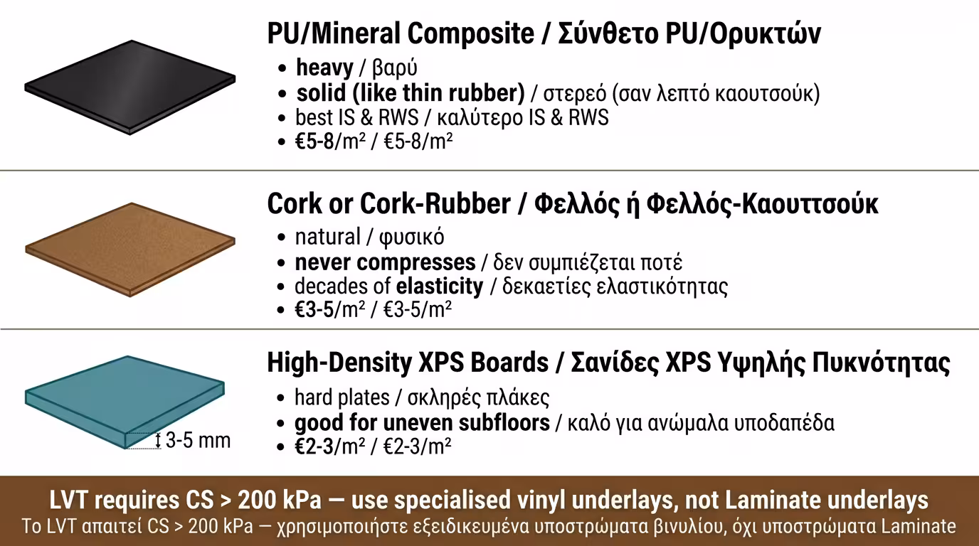 PU/Mineral, φελλός, XPS υψηλής πυκνότητας - τα σωστά υποστρώματα