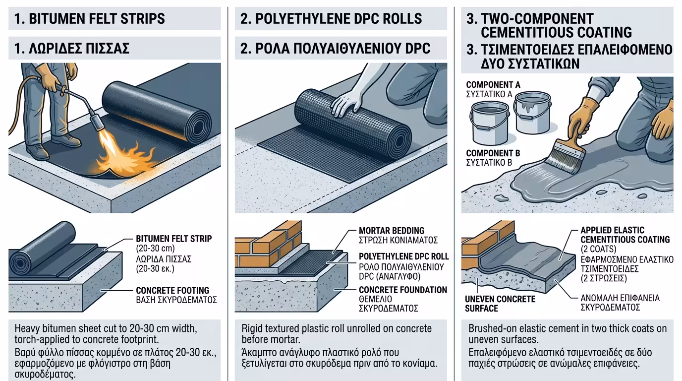 Υλικά DPC - ασφαλτόπανο, μεμβράνες πολυαιθυλενίου, τσιμεντοειδή