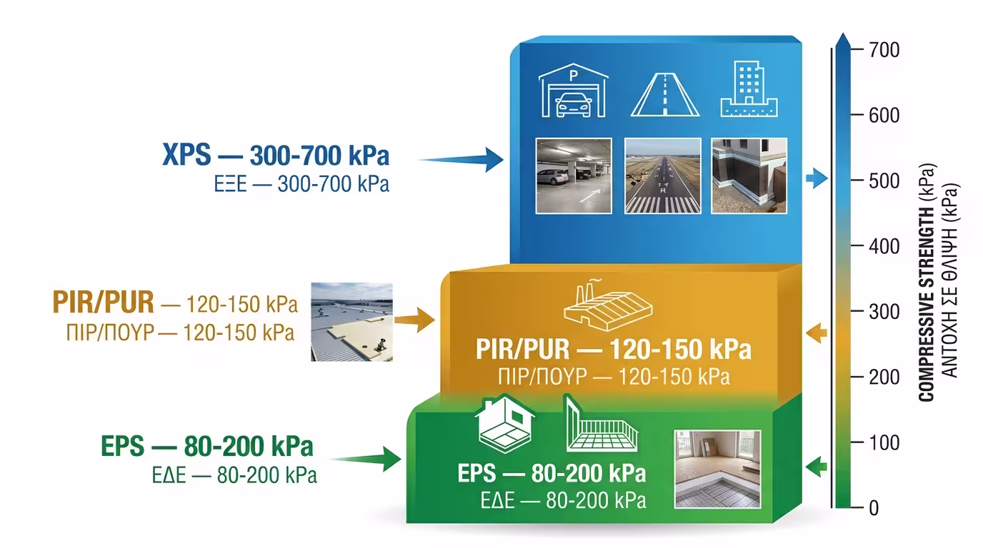 Σύγκριση αντοχής σε θλίψη EPS vs PIR vs XPS