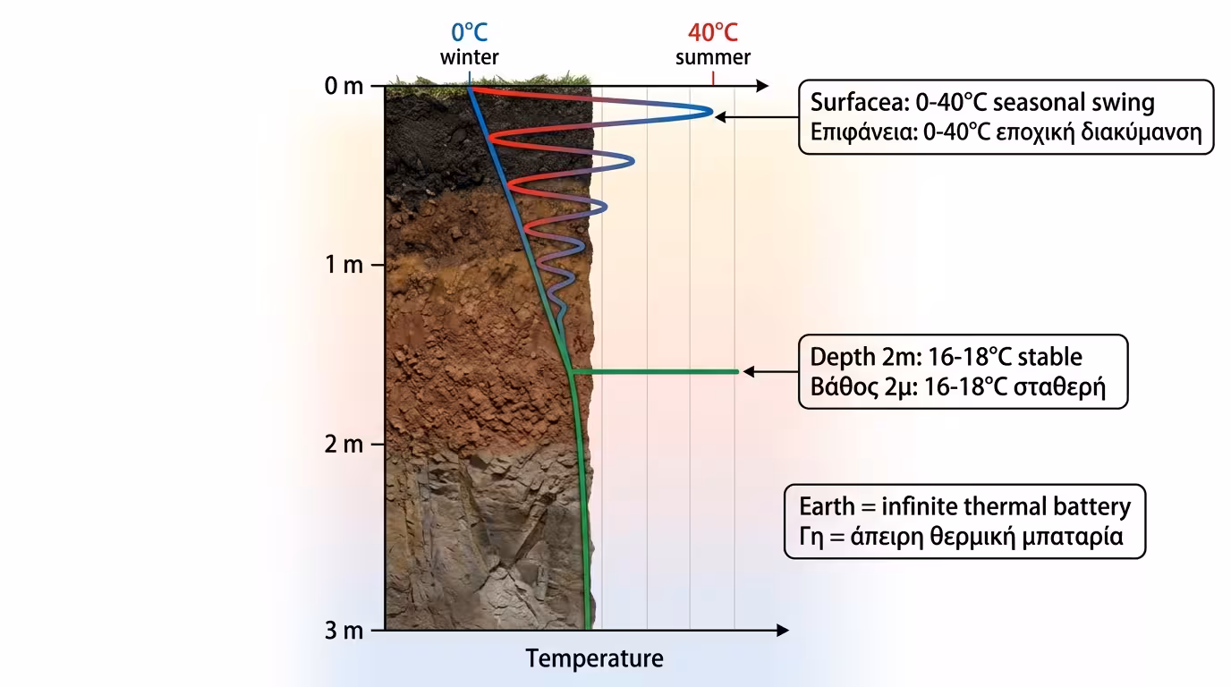 Αρχή γεωεναλλάκτη - υπόγεια θερμοκρασία εδάφους 16-18°C σταθερή, ψύχει τον ζεστό αέρα