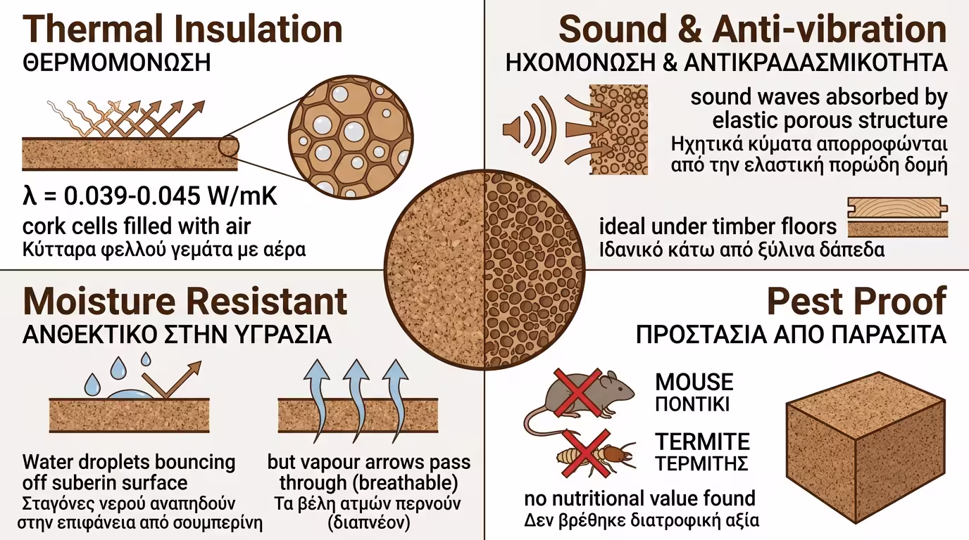Ιδιότητες διογκωμένου φελλού - θερμομόνωση, ηχομόνωση, υγρασία
