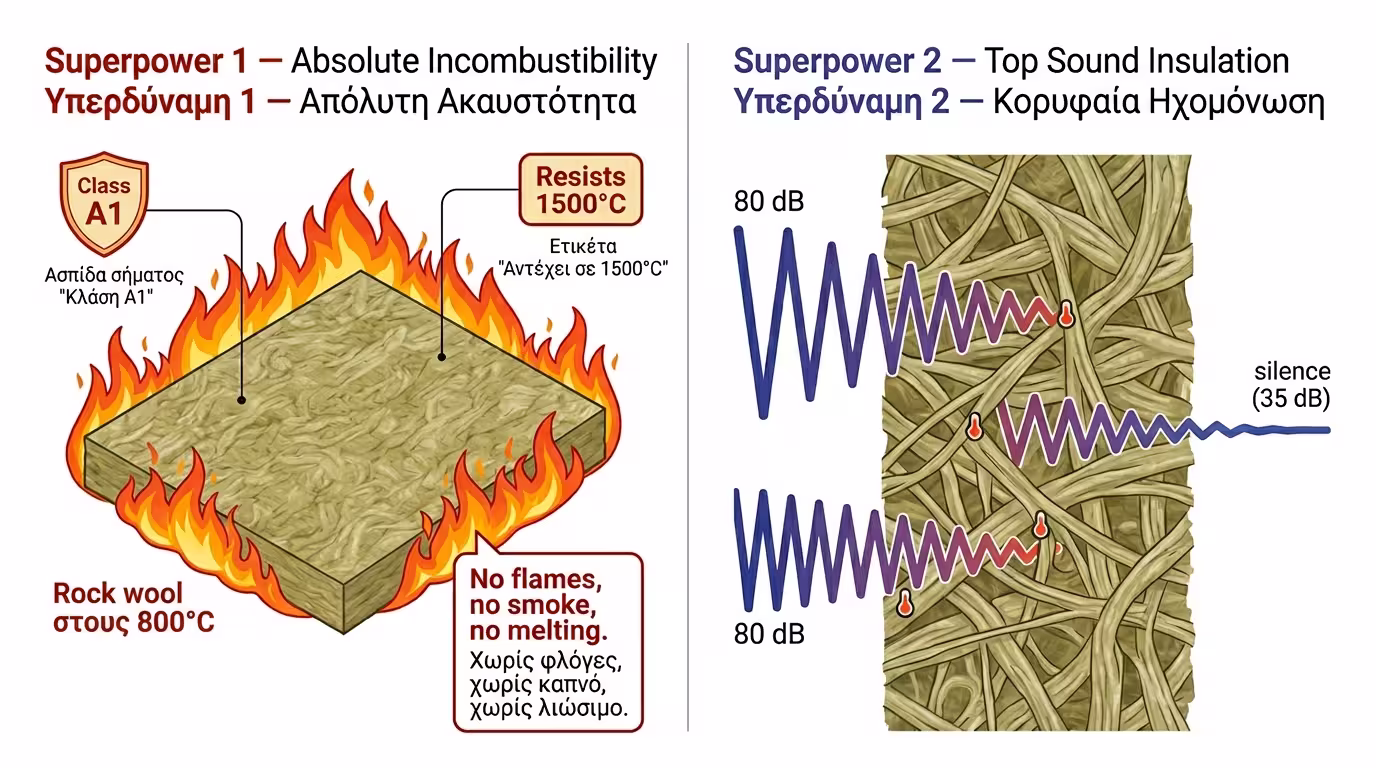 Πετροβάμβακας - πυρασφάλεια Α1 και ηχομόνωση