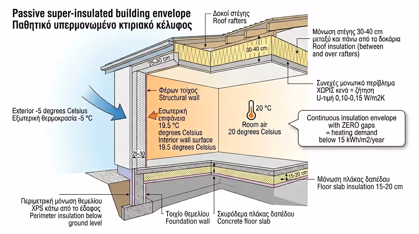 Υπερμόνωση 30cm - τοίχοι, θεμέλια, δάπεδο, κέλυφος Passivhaus