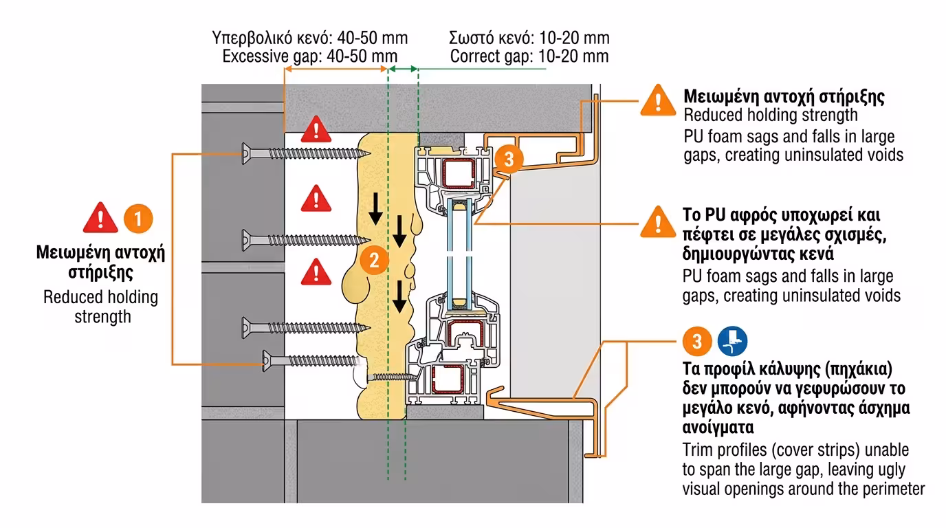 Υπερβολικό κενό γύρω από κούφωμα - βίδες κρεμάνε και αφρός πέφτει