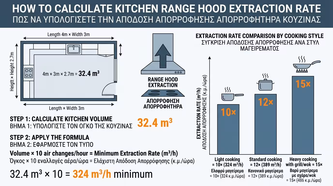 Υπολογισμός κυβικών κουζίνας m³/h - τύπος ×10 για σωστή διαστασιολόγηση απορροφητήρα