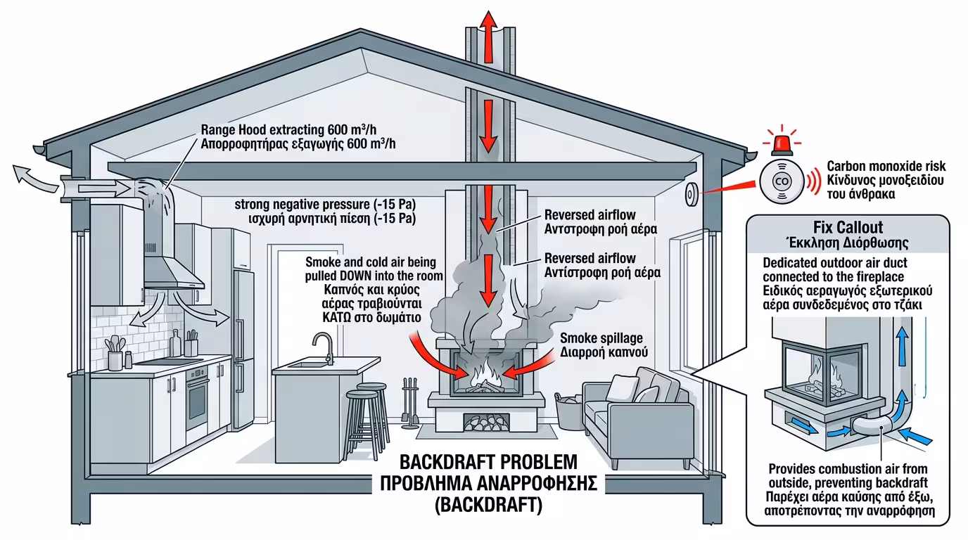 Υποπίεση από απορροφητήρα - τζάκι, αντίστροφη ροή καπνού σε αεροστεγανό σπίτι