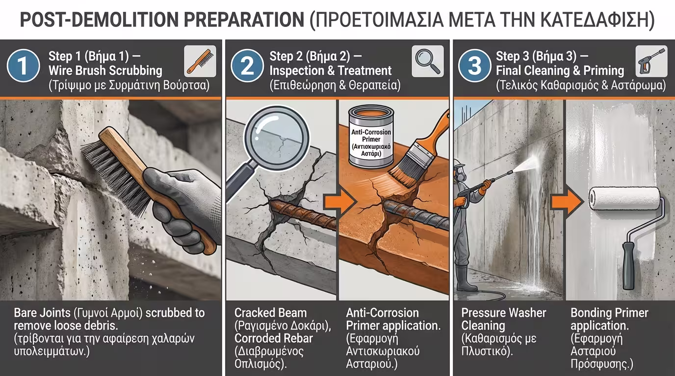 Γυμνή τοιχοποιία μετά καθαίρεση: βούρτσα αρμών, πλύσιμο, αστάρωμα