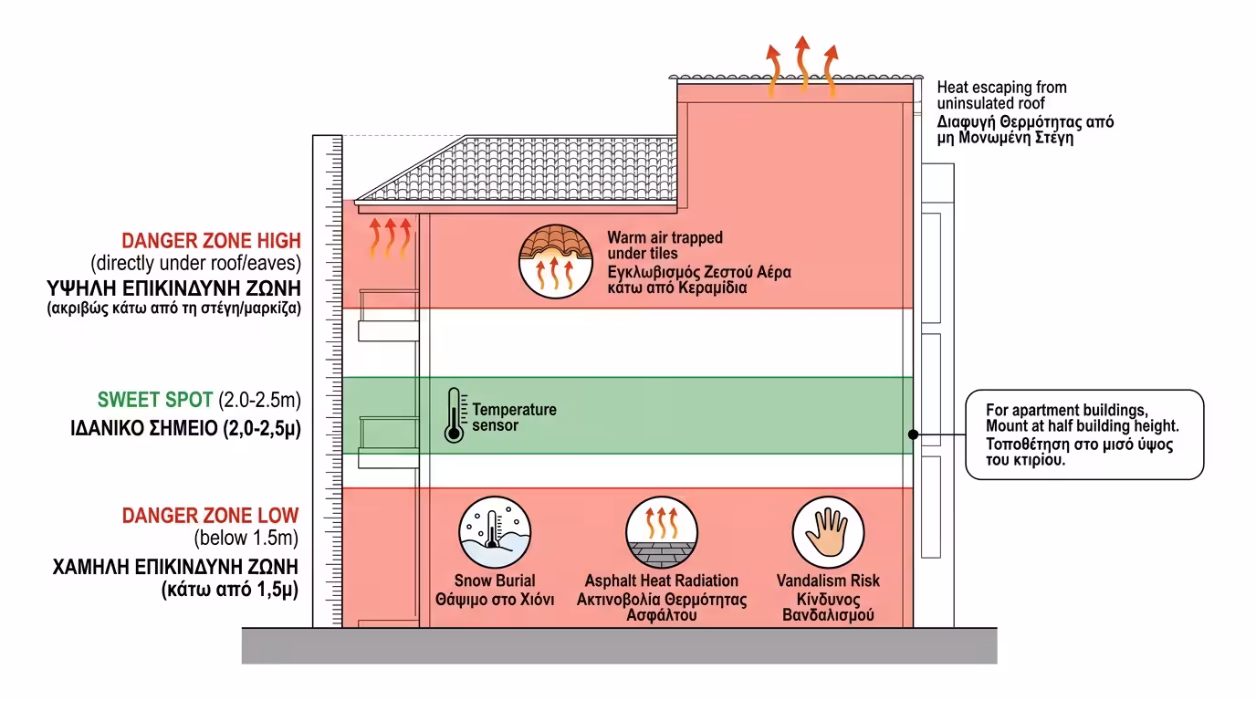 Ύψος τοποθέτησης - 2-2.5 μέτρα, χρυσό σημείο, αποφυγή εδάφους/σκεπής