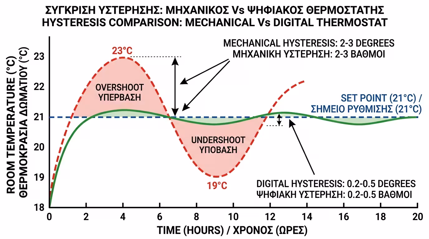 Γράφημα υστέρησης θερμοστάτη - overshoot 22°C, undershoot 18°C, σπατάλη