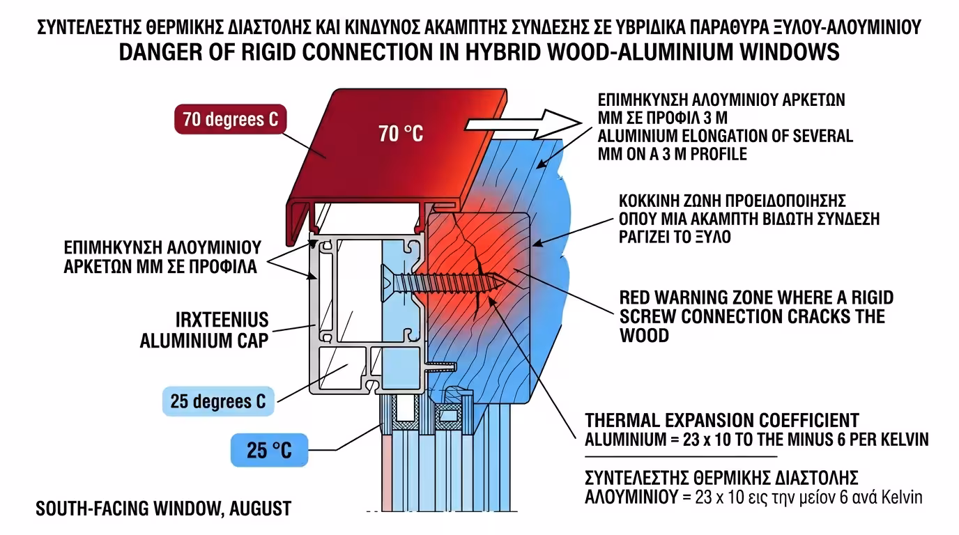 Νότια όψη τον Αύγουστο - αλουμίνιο 70 °C, ξύλο 25 °C, διαφορική τάση