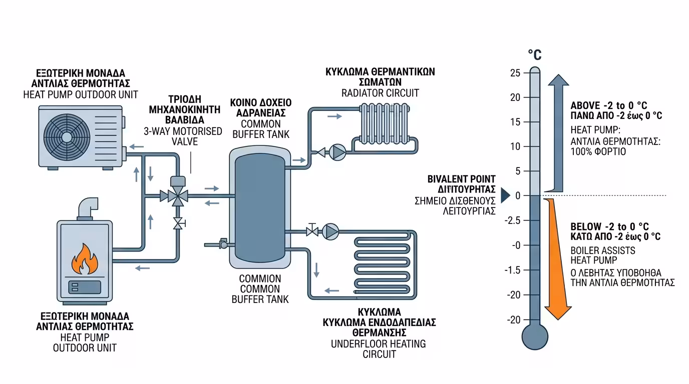 Υβριδικό σύστημα bivalent - αντλία θερμότητας και λέβητας σε παράλληλη σύνδεση