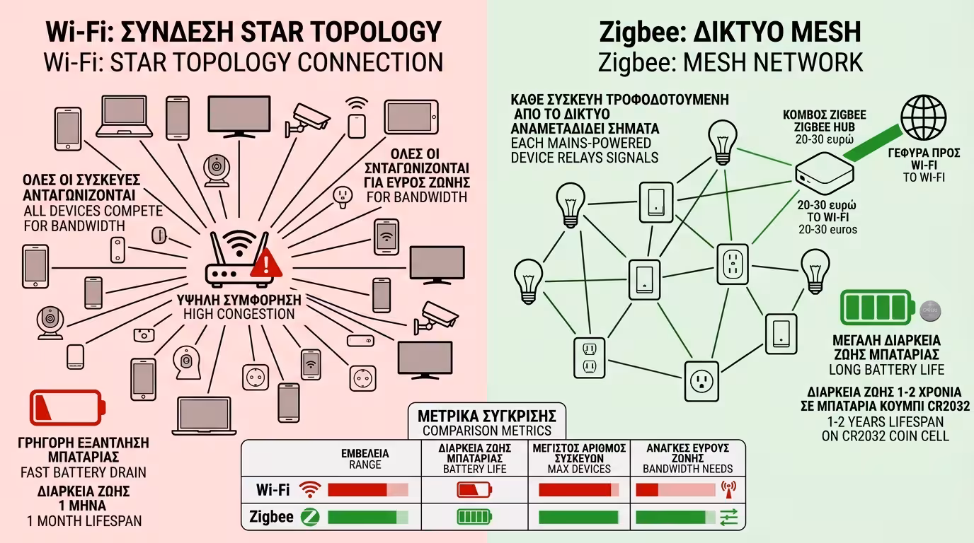 Zigbee Mesh Network vs Wi-Fi - σύγκριση μπαταρίας, router, πρόβλημα