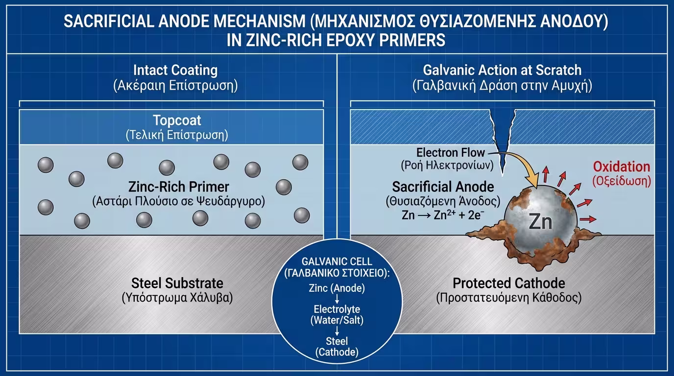 Ινφογκράφικ: Πώς τα εποξειδικά αστάρια πλούσια σε ψευδάργυρο προστατεύουν γαλβανικά τον χάλυβα.