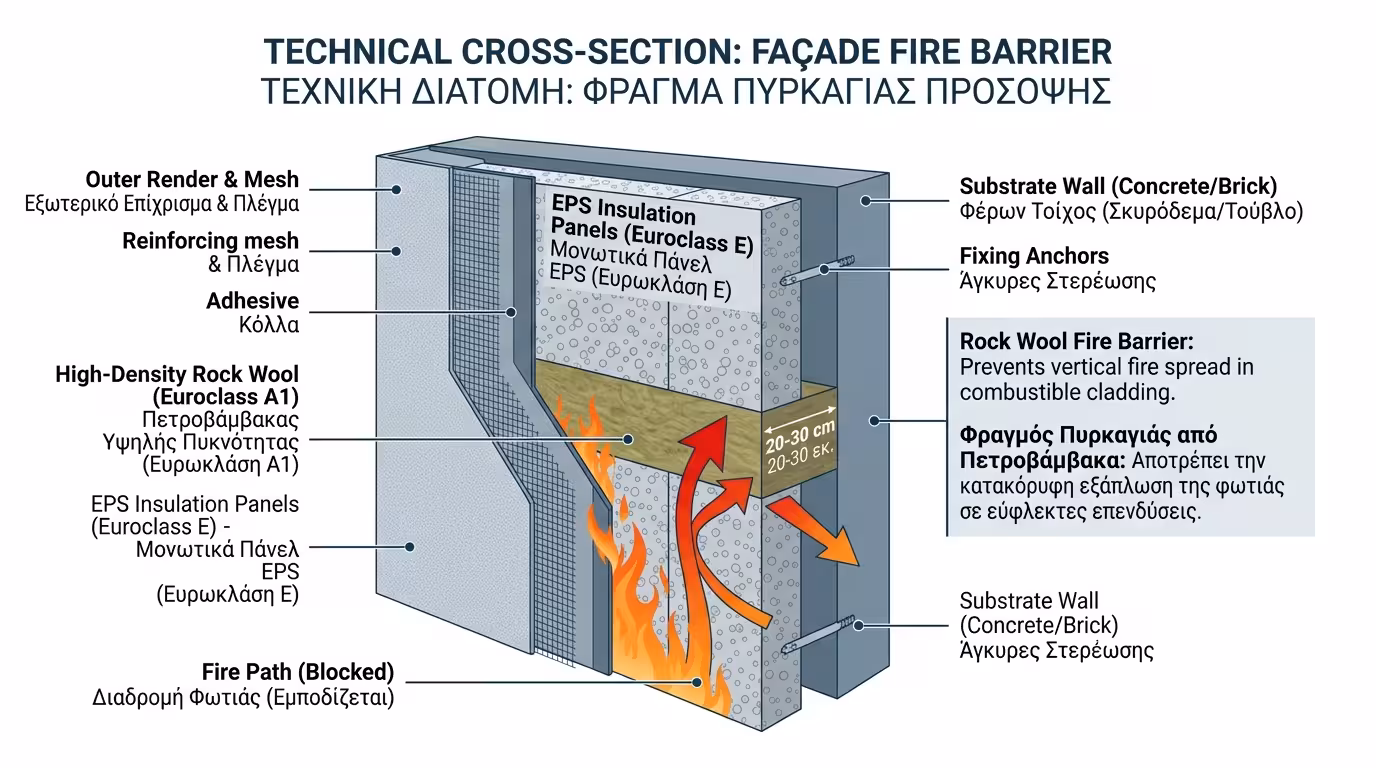 Ζώνη πυροδιακοπής: λωρίδα πετροβάμβακα ανάμεσα σε πλάκες EPS